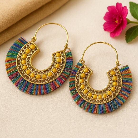 🆕️Boho Chic Rainbow Hoop Earrings Handmade Indian Artisan Statement Jewelry - Picture 7 of 11